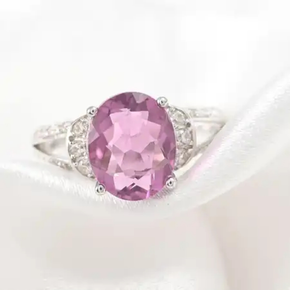 SOLDPink Fluorite and White Zircon Ring in Sterling Silver 3.30 ctw - Picture 3 of 5